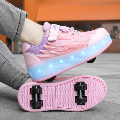 Новые четырехколесные роликовые коньки Heelys со шнурками для мальчиков и девочек, модные перезаряжаемые светящиеся легкие туфли, двойные колеса