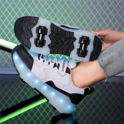 Обувь Heelys на четырех колесах, детские роликовые коньки, оптовая продажа перезаряжаемых светящихся коньков для мальчиков, студенческая спортивная обувь на восьми колесах для девочек.